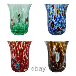 Set of Four 4 Murano Glass Drinking Tumblers Blue Red Brown Multi Millefiori