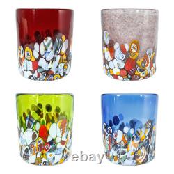 Set of Four 4 Murano Glasses Tumblers Red Purple Blue Multi Venice Millefiori
