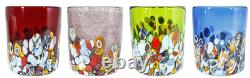 Set of Four 4 Murano Glasses Tumblers Red Purple Blue Multi Venice Millefiori