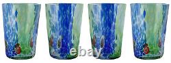 Set of Four Murano Glass Drinking Tumbler Green Blue Multi Millefiori