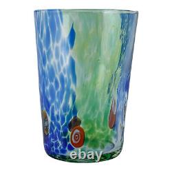 Set of Four Murano Glass Drinking Tumbler Green Blue Multi Millefiori