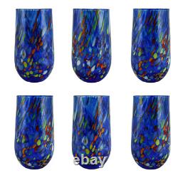 Set of Six 6 Murano Glass Drinking Tumbler Blue Multi Millefiori 14cm