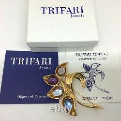 TRIFARI JEWELS 1997 Limited Edition Gold Tone Flower BROOCH Glass Cabochons MIB