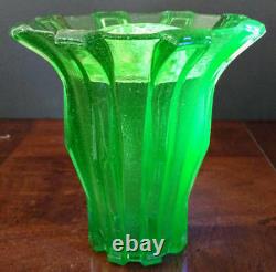 Vaseline Stolzle Bohemia Modernist Large 9 inch X 8 inch Glass w-Frog Vase 30's