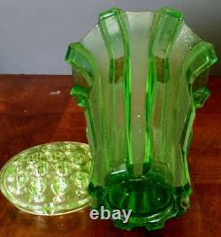 Vaseline Stolzle Bohemia Modernist Large 9 inch X 8 inch Glass w-Frog Vase 30's