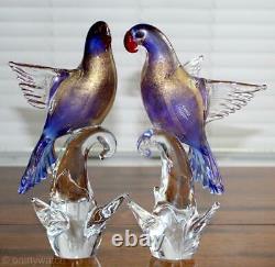 2 Gorgeous Vtg Murano Parrot Birds Exotic Formia Paire Art Glass Label Italie
