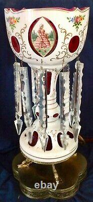 Antique Bohemian 18 Mantle Luster Lamp. Cut-to-cranberry Blanc, Prismes De Cristal