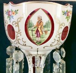 Antique Bohemian 18 Mantle Luster Lamp. Cut-to-cranberry Blanc, Prismes De Cristal