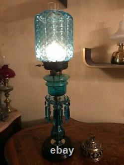 Antique Limited Edition Kerosene Lamp Blue Crystal Glass Hinks & Son 74 CM De Haut