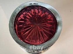 Bocal de vanité argenté à couvercle de 1903 G E Walton & Co Ltd avec doublure en verre cranberry