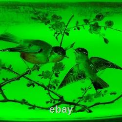 Circa 1880 Marqué Bohemian Vaseline Harrach Bowl Vase Gilt Enamel Birds & Flora