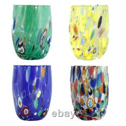 Ensemble de Quatre 4 Verres Art en Verre de Murano Multicolores Bleu Vert Jaune Millefiori