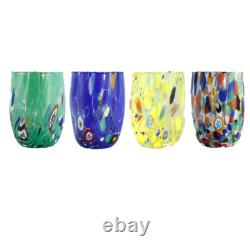 Ensemble de Quatre 4 Verres Art en Verre de Murano Multicolores Bleu Vert Jaune Millefiori