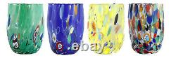 Ensemble de Quatre 4 Verres Art en Verre de Murano Multicolores Bleu Vert Jaune Millefiori