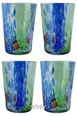 Ensemble de quatre gobelets à boire en verre de Murano multicolores vert bleu millefiori