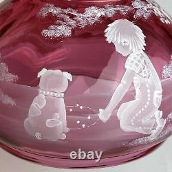 Fenton #99 Of #950 Cranberry Mary Gregory Lamp Boy And Dog Bubb Playing