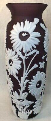 Fenton Art Glass Cameo Carved Aubergine Cased In Milk Vase Tournesol 10 Of 40