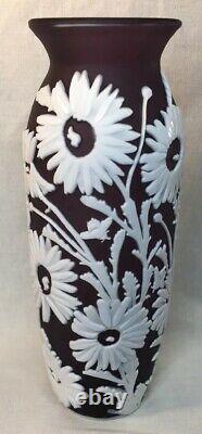 Fenton Art Glass Cameo Carved Aubergine Cased In Milk Vase Tournesol 10 Of 40