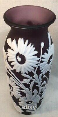 Fenton Art Glass Cameo Carved Aubergine Cased In Milk Vase Tournesol 10 Of 40