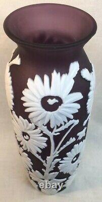 Fenton Art Glass Cameo Carved Aubergine Cased In Milk Vase Tournesol 10 Of 40