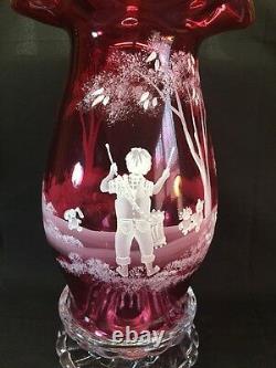 Fenton Art Glass Hand Peint Mary Gregory Cranberry Hurricane Lamp Ltd