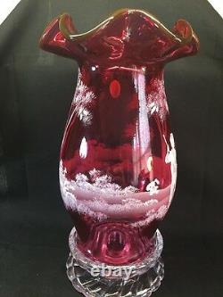 Fenton Art Glass Hand Peint Mary Gregory Cranberry Hurricane Lamp Ltd