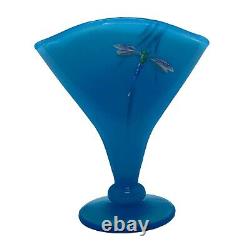 Fenton Art Glass Limited Edition Peking Blue Fan Vase Peint Dragonfly 134/450