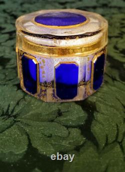Moser 1900's Cotton Pad-trinket Lidded Dish Cobalt Blue & Gold Paneled Art Glass