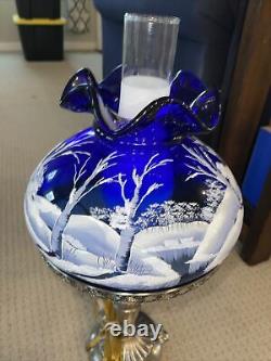 Nouveau Vieux Stock Rare Fenton Cobalt Scène D'hiver Lampe De Table