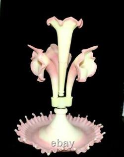 Rare Fenton Epergne Art Glass 4 Horn Pink White 100th Limited Edition 5 Pièce