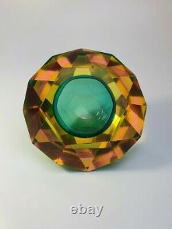Rare Vaseline Sommerso Faceted Diamond Murano Bowl Cendrier Flavio Poli Space Age