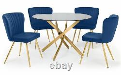 Table à manger en verre clair avec base dorée et 4 chaises en velours bleu doré L100cm MIRO