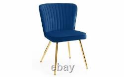 Table à manger en verre clair avec base dorée et 4 chaises en velours bleu doré L100cm MIRO