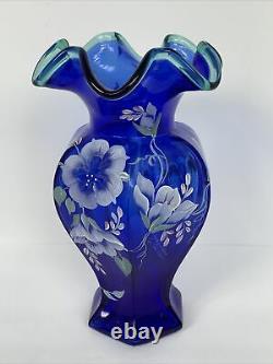 Vase De Célébration Bleu Du 75e Anniversaire De Fenton Cobalt Signé Par Bill Fenton