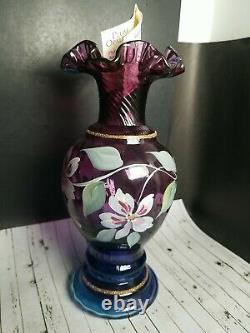 Vtg 1996 Vase D'or Opalescent Fenton Plum Signé Peint À La Main 8.75 50e Mûrier