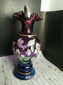 Vtg 1996 Vase D'or Opalescent Fenton Plum Signé Peint À La Main 8.75 50e Mûrier